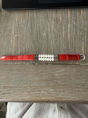 Red Leather Pearl Accent Bracelet